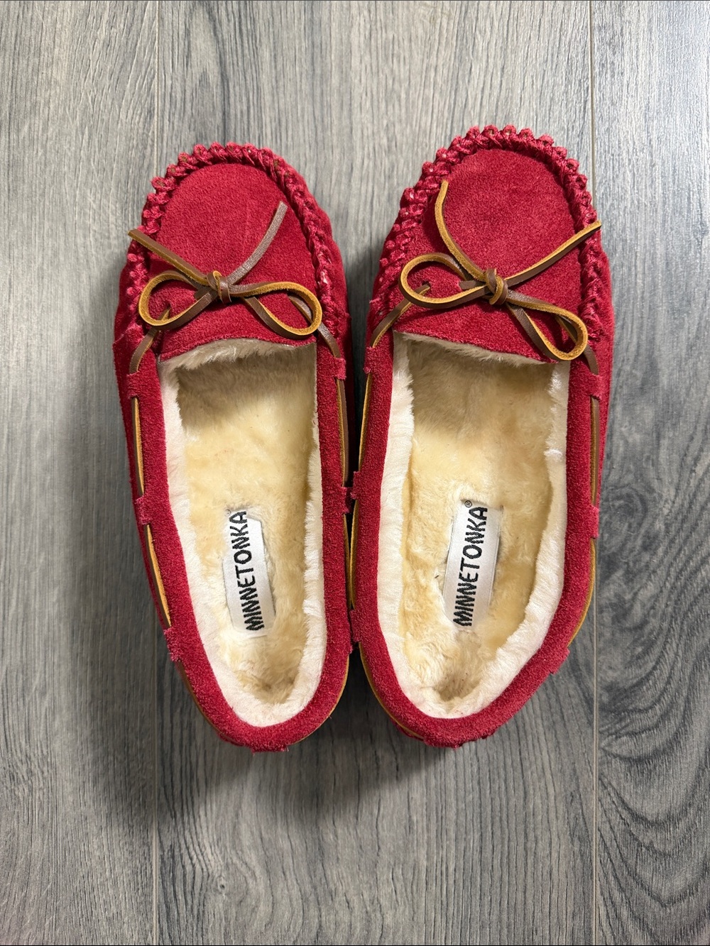 Minnetonka Kids Red Suede Moccasins with Tan Lace